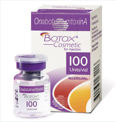 This image shows a box of Botox cosmetic units, which are medical injectables, alongside an open vial containing 100 units of the same product. The packaging includes text that indicates the contents are for injection and contains the brand name  BOTOX  and the quantity  100 UNITS.