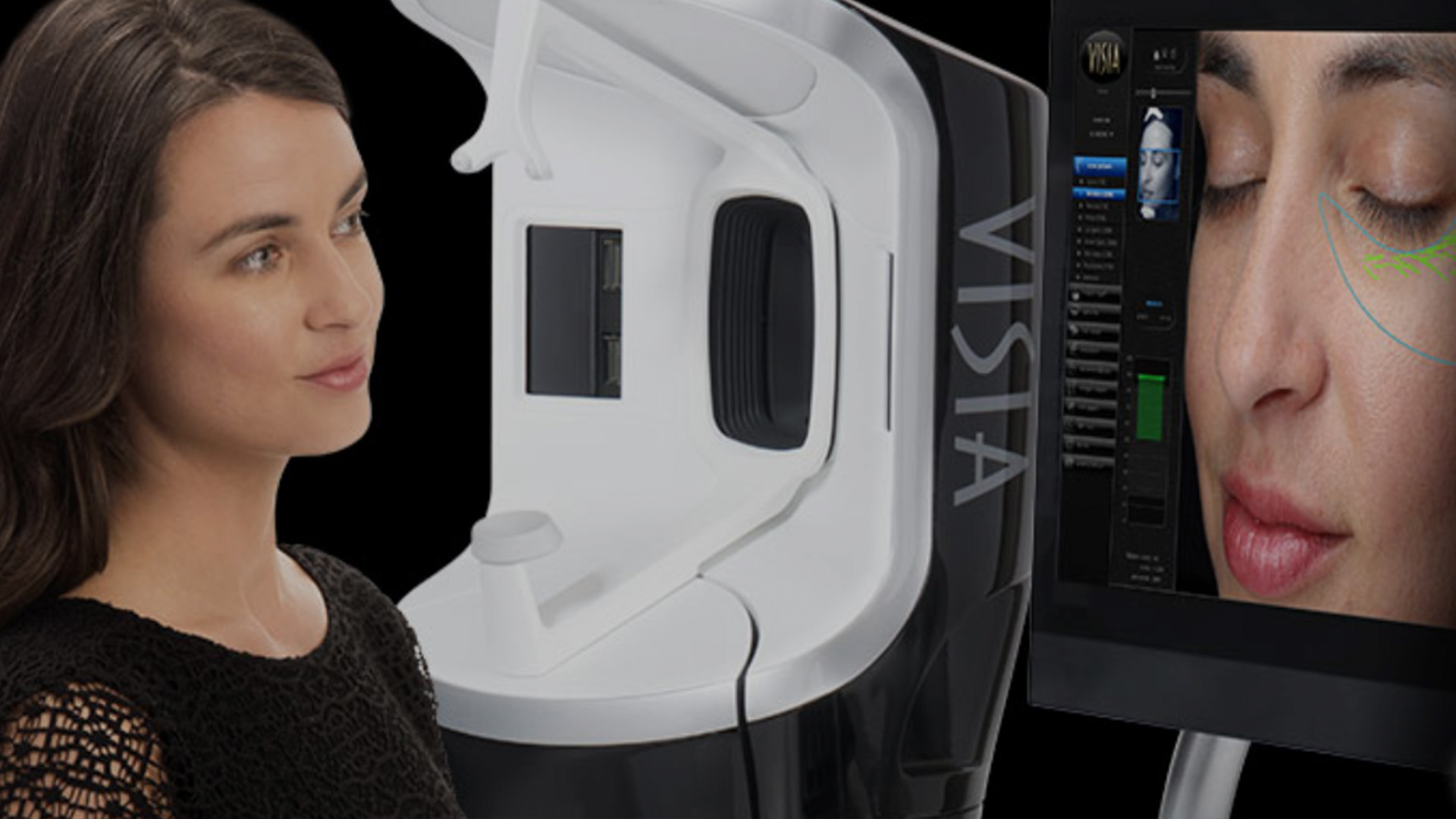 Woman standing next to a large 3D printer with a woman s face on its screen, showcasing the printing process.