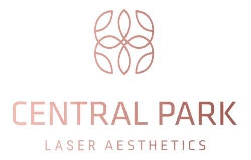 The image shows a logo with text that reads  CENTRAL PARK LASER AESTHETICS  against a black background, featuring an abstract design resembling a flower or sunburst in pink and white colors at the top left corner.