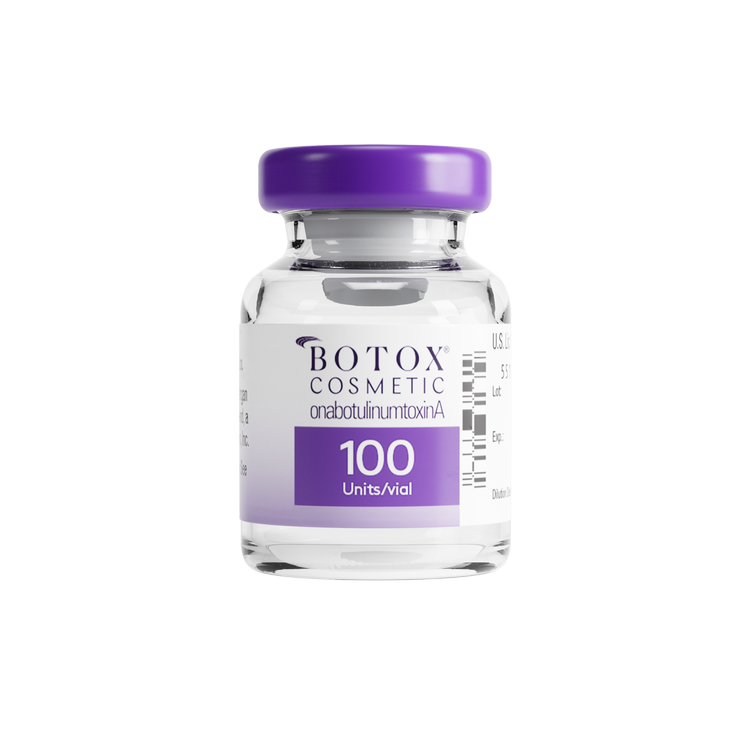 The image shows a bottle of Botox Cosmetic 100 units, which is a medical product used for cosmetic treatments.