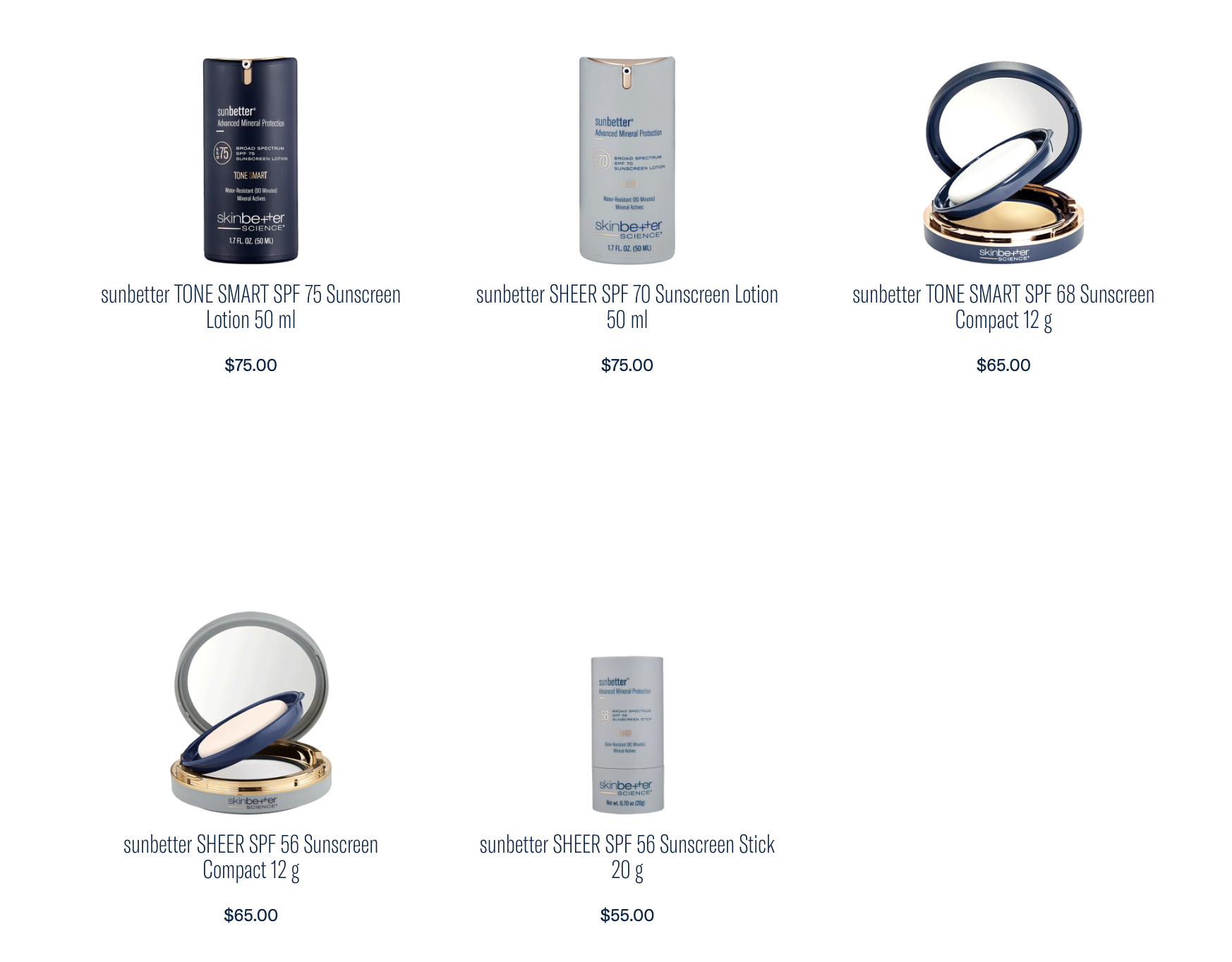 The image displays a collection of skincare products, including sunscreen, with packaging featuring brand names and product information, presented on a website with price tags.