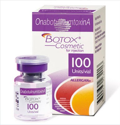 The image shows a box of Botox cosmetic units next to an open vial with a syringe containing 100 units of the product, which is used for injection.