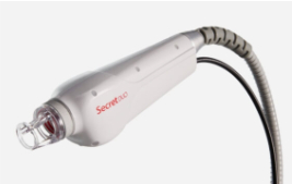 An electric toothbrush with a white handle and a clear bristle head.