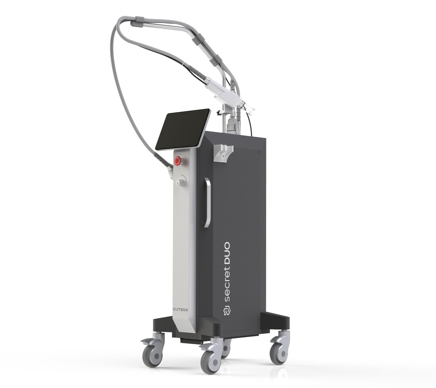 The image shows a medical device with a robotic arm, designed for patient care, placed on a mobile cart with wheels.