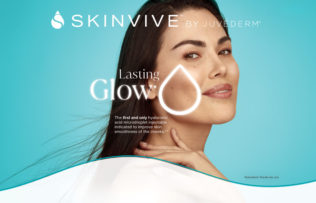 The image features a woman with dark hair, wearing makeup, standing against a light blue background with text overlaying that reads  SKINVIVE by JuJuBeeM,  followed by the product name  LASTING GLOW  and additional information about the product s benefits and ingredients.