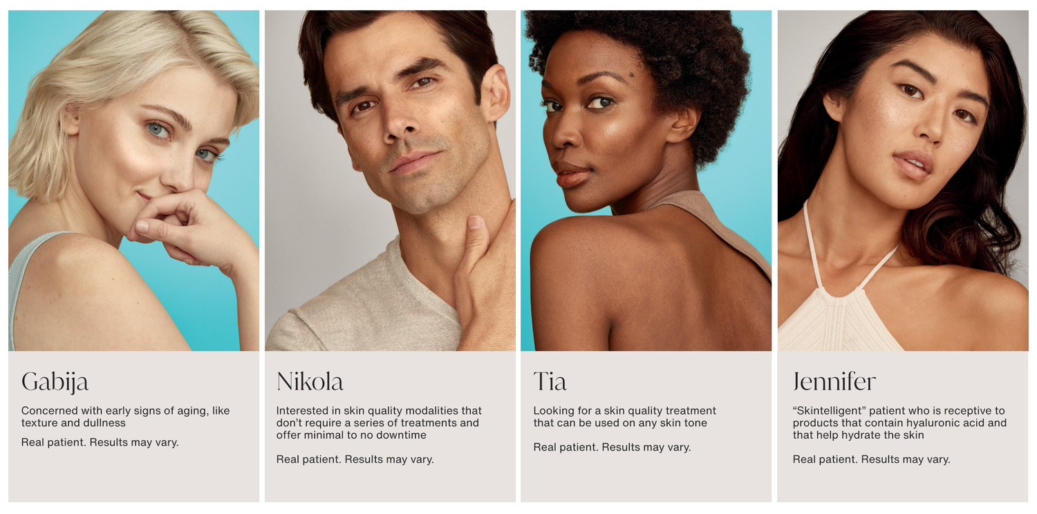 The image shows a group of four individuals against a light background, presumably for a beauty or skincare advertisement, with each person displaying different skin tones and wearing makeup, presented in a grid format with text labels indicating names or descriptions.