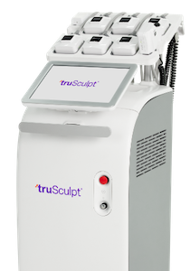The image features a TrueSculpt machine, which appears to be an advanced piece of equipment used for cosmetic procedures such as skin treatments or laser hair removal, with multiple control buttons and a digital screen displaying the brand name  TrueSculpt.