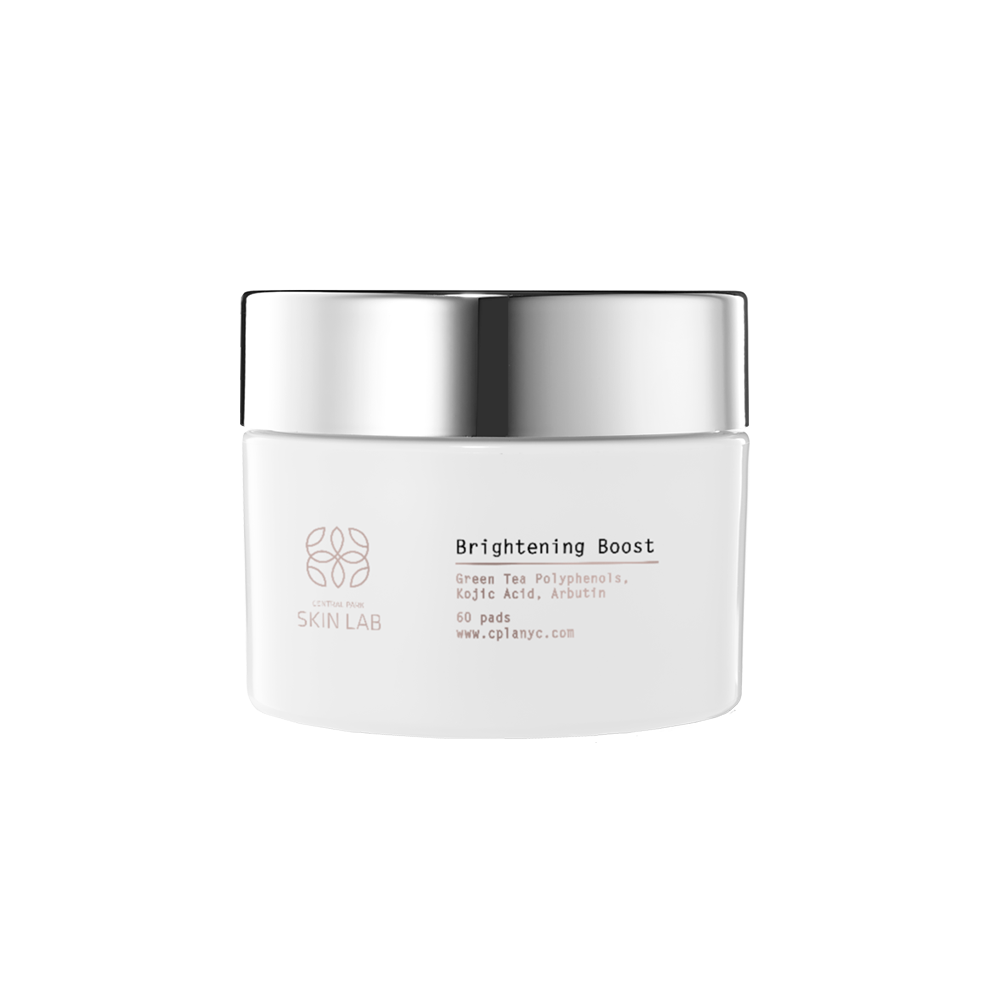 The image shows a jar of  Brightening Boost  skincare product with a white label against a dark background.