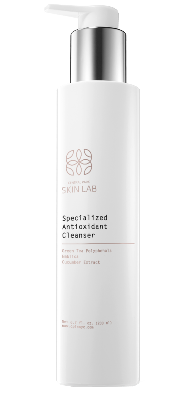 An image of a tall, clear bottle with a pump dispenser containing a liquid, labeled  SKIN LAB SPECIALIZED CLEANSER,  set against a white background.