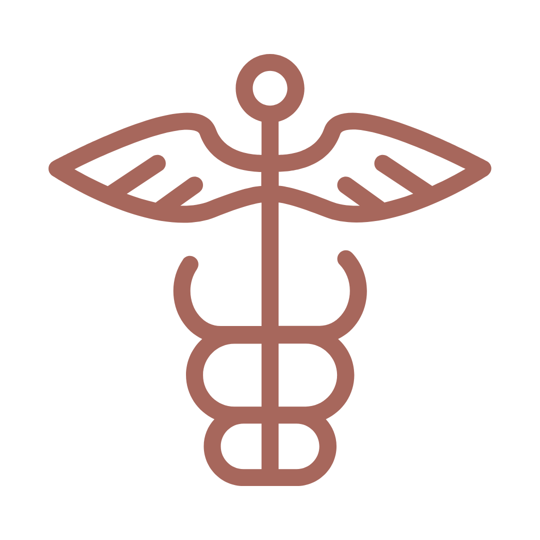 The image displays a stylized graphic with a central figure resembling a human profile facing left, with wings extending from the sides of the head and a serpent wrapped around the body, all within an enclosed circle. The design has a vintage aesthetic, with a color palette that includes shades of brown, beige, and a subtle touch of red. The style is reminiscent of early 20th century medical or pharmaceutical branding.