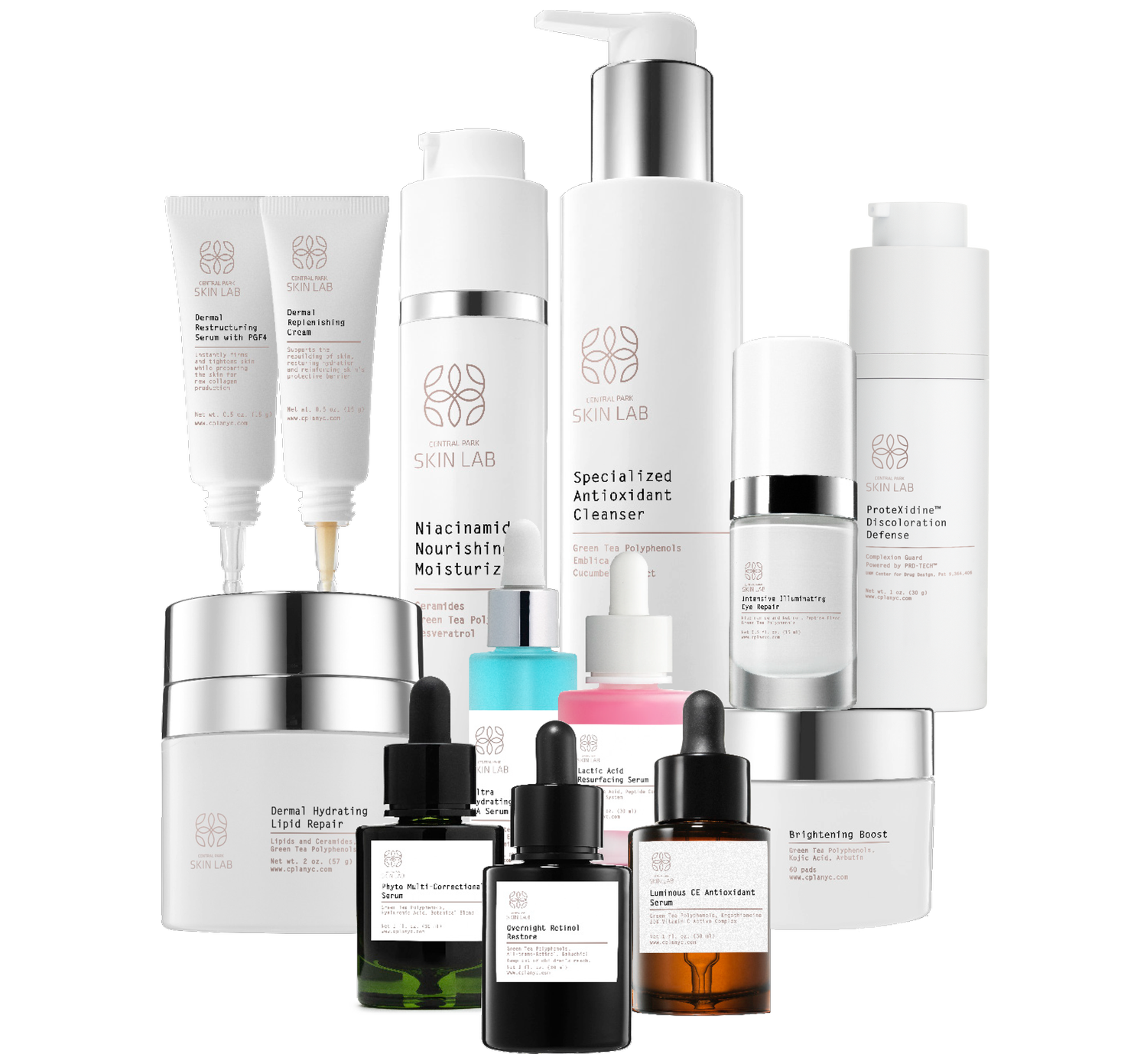 This image features a collection of skincare products displayed against a white background, including various bottles with labels such as  SUNLAB  and  SPECIALIZED ANTI-AGING,  along with jars, tubes, and other containers typically used for beauty and skincare items.