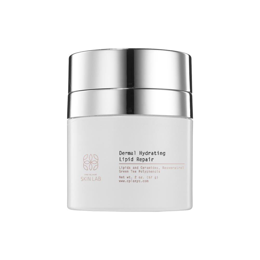A product with a silver lid, featuring text that reads  DERMAL HYDRATING LIPID REPAIR,  displayed on a clear background.