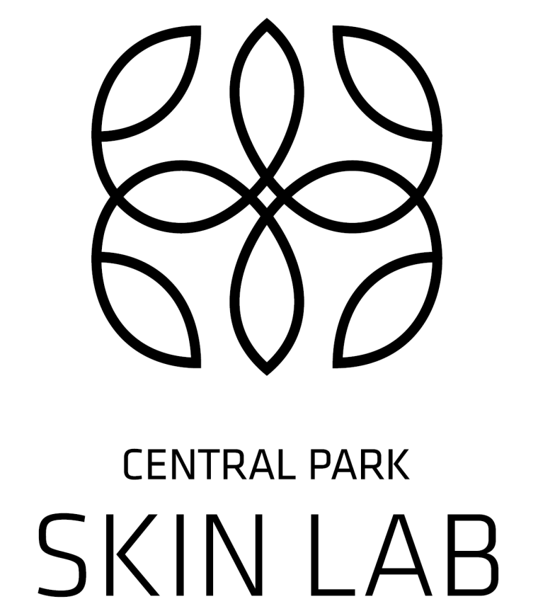 A logo featuring a stylized flower design with a central circular pattern and a modern typeface underneath the graphic, with text reading  CENTRAL PARK SKIN LAB.