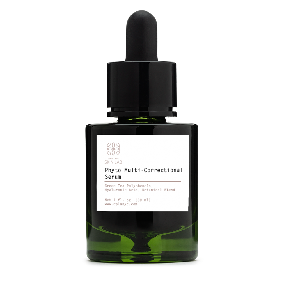 The image shows a bottle of  Phytomulti Corrections Serum  with a green dropper, placed on a white surface against a light background.