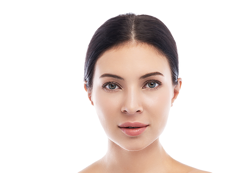 The image displays a close-up portrait of a woman with fair skin, wearing makeup, including lipstick and eye shadow, against a neutral background.